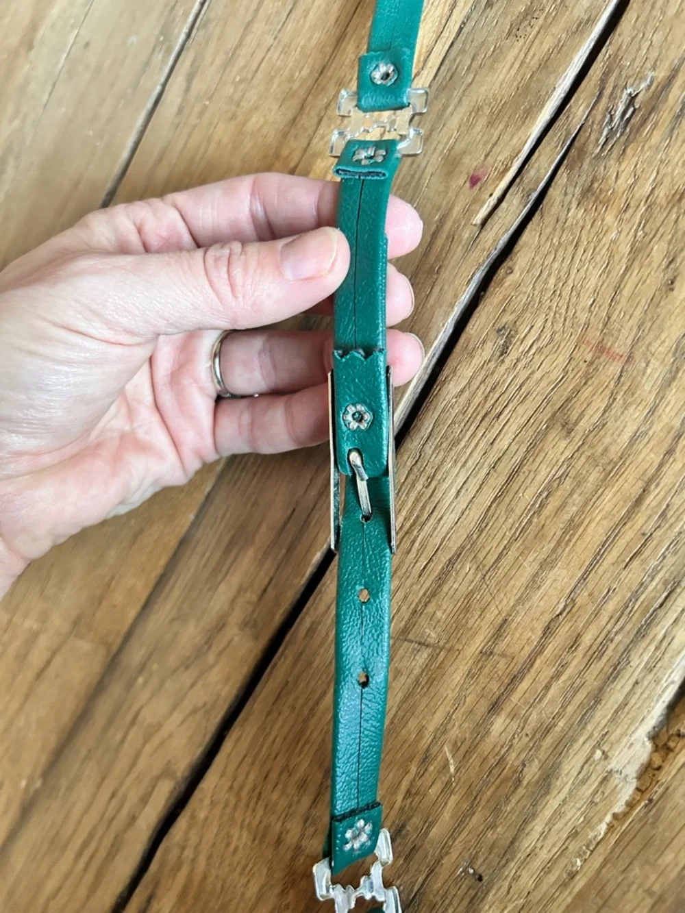 VTG emerald green belt Slim Teal Leather Women's Belt Silver Hardware detail sm